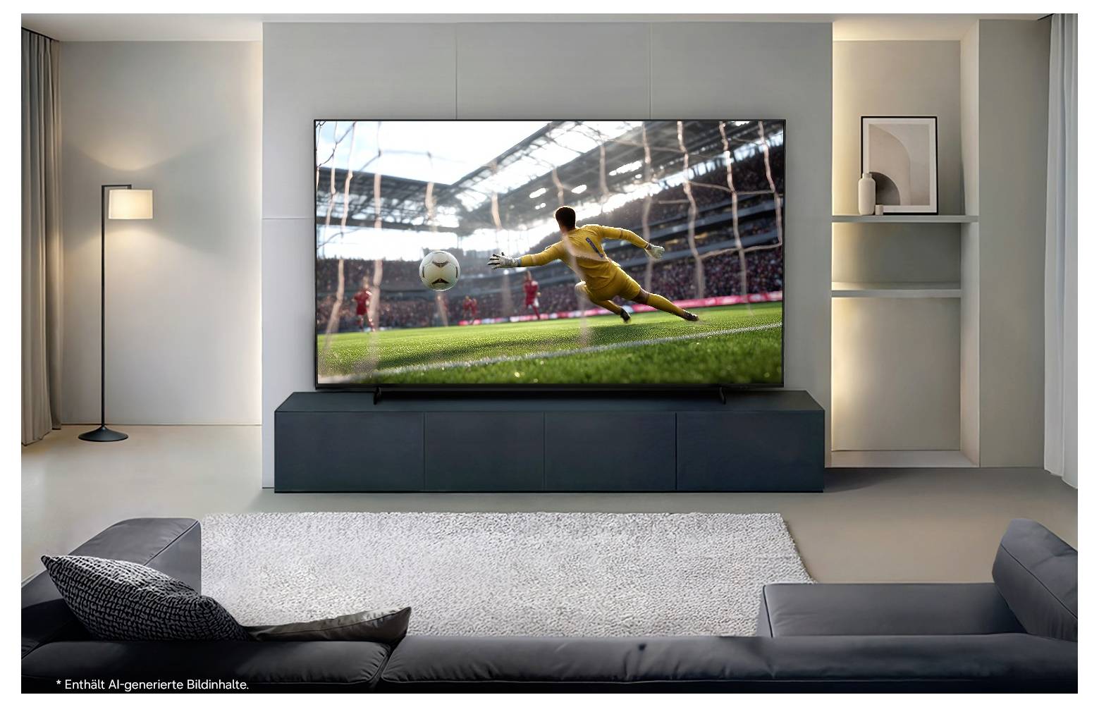 Écran de télévision Mini LED avec une œuvre d'art abstraite colorée et un badge « Fabriqué pour l'Allemagne » en haut à gauche.