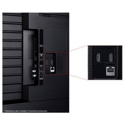 Gros plan du panneau d'entrée arrière d'un téléviseur, montrant deux ports HDMI et un port Ethernet LAN mis en évidence dans une loupe insérée.