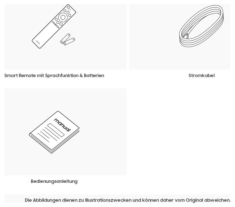 Contenu du colis illustré : télécommande intelligente avec fonction vocale et piles, câble d'alimentation et manuel d'utilisation ; la note indique que les images sont à titre illustratif et peuvent différer de l'original.