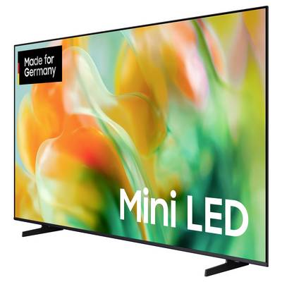 Téléviseur à écran plat avec affichage abstrait coloré et texte à l'écran « Mini LED » ; étiquette dans le coin indiquant « Fabriqué pour l'Allemagne ».