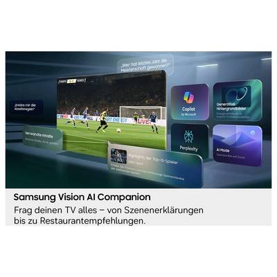 Interface Samsung Vision AI Companion TV affichant un match de soccer avec des tuiles de fonctionnalités IA comme Copilot, Perplexity, fonds générés par IA et Mode IA