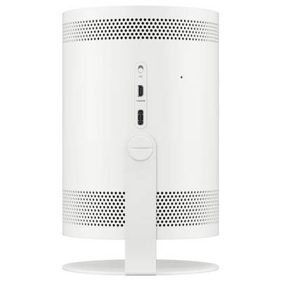 Vue arrière d'une enceinte intelligente blanche cylindrique ou d'un écran sur pied, montrant les ports, un interrupteur de microphone et des trous de ventilation.
