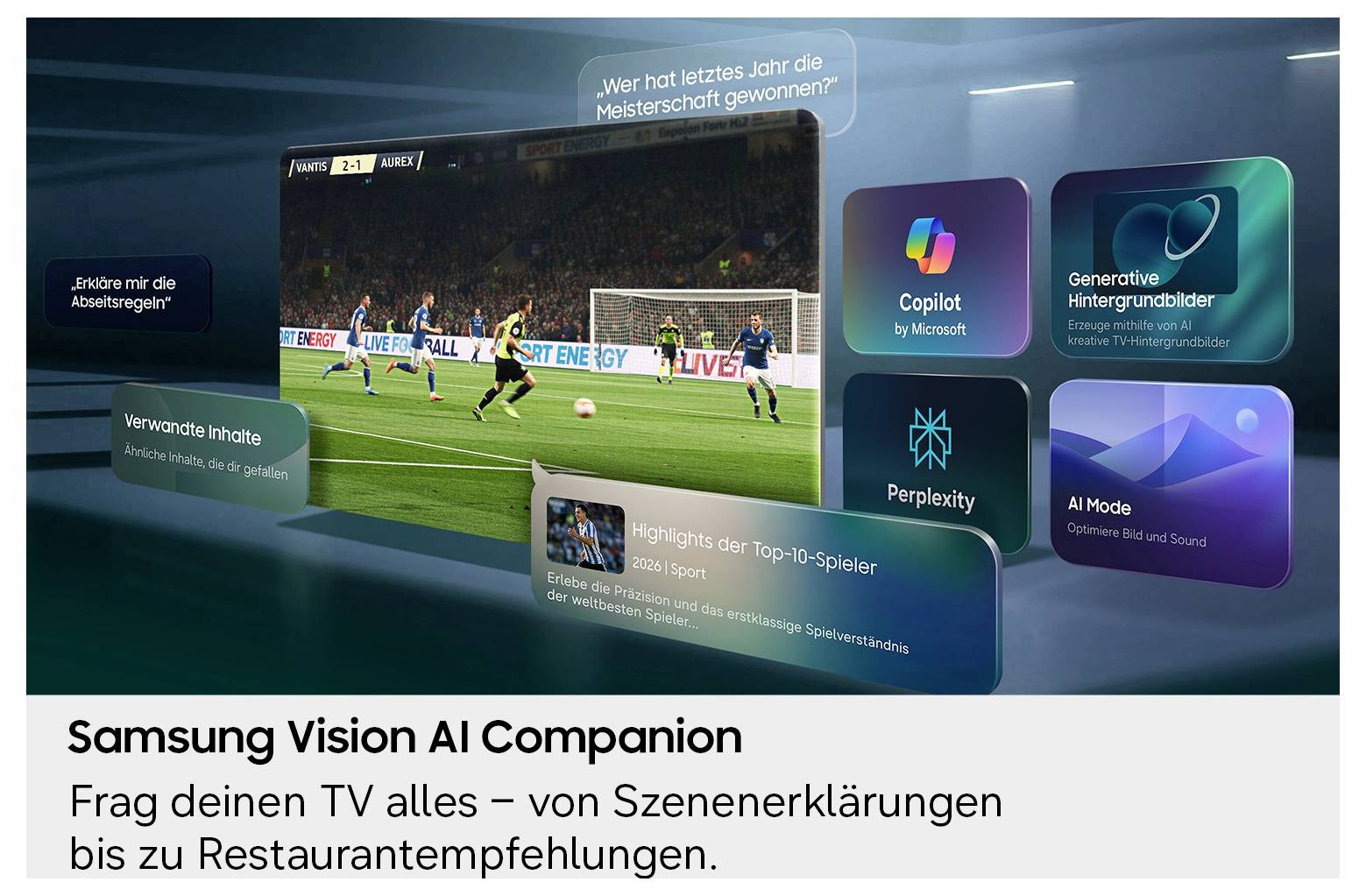 Samsung Vision AI Companion publicité montrant un téléviseur posant la question « Qui a remporté le championnat l'année dernière ? » avec des tuiles IA pour Copilot, Arrière-plans génératifs, Perplexity, et Mode IA.