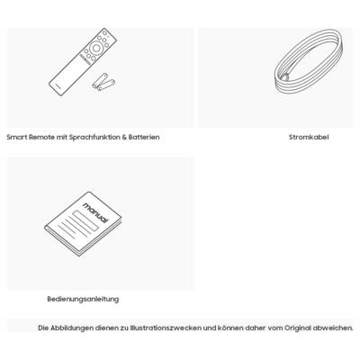 Illustration des accessoires inclus : télécommande intelligente avec fonction vocale et piles, câble d'alimentation et manuel d'instructions ; remarque indiquant que les images sont à titre illustratif et peuvent différer de l'original.