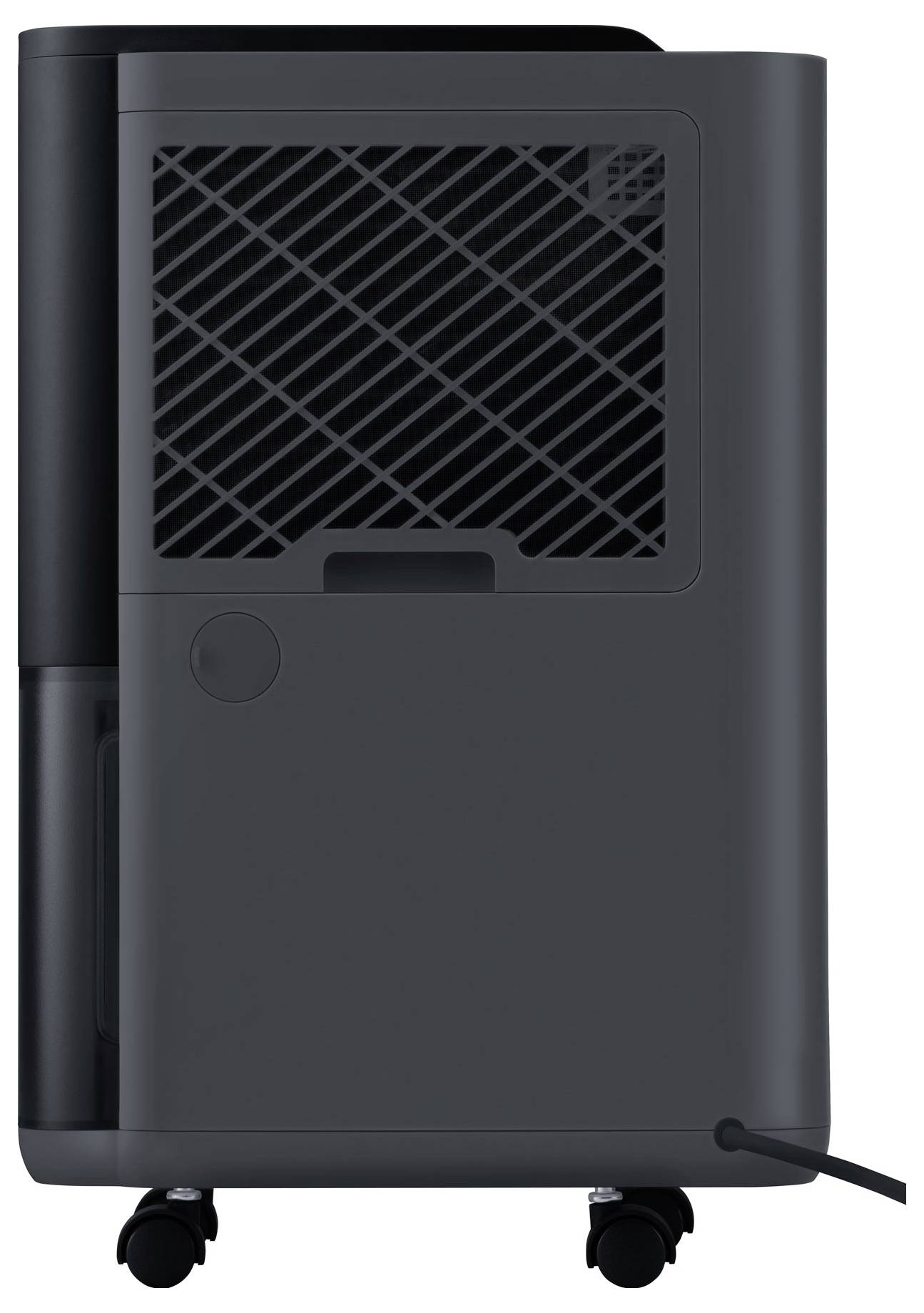 Purificateur d'air/déshumidificateur portable noir sur roulettes, présenté en vue latérale avec panneau arrière aéré et cordon d'alimentation