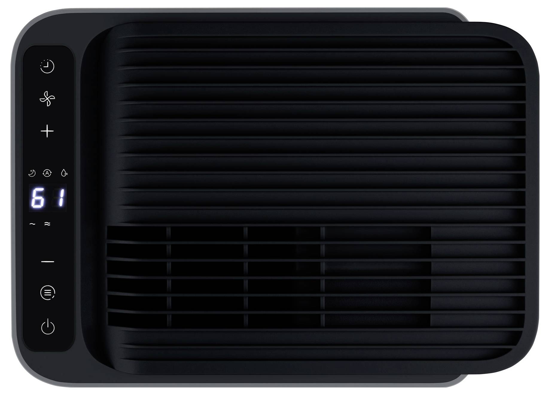 Refroidisseur d'air noir avec grille avant aérée et commandes tactiles sur le côté gauche affichant « 61 ».
