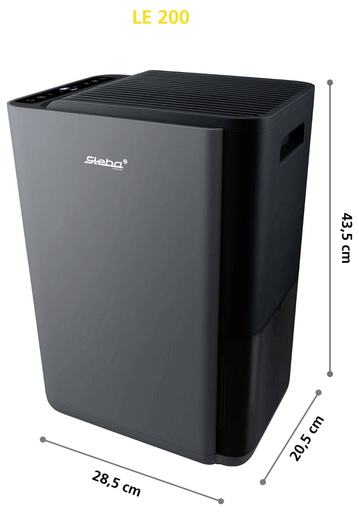 Image du produit d'un appareil Le 200 noir montré en 3D, avec des dimensions étiquetées : 43,5 cm de hauteur, 28,5 cm de largeur et 20,5 cm de profondeur.