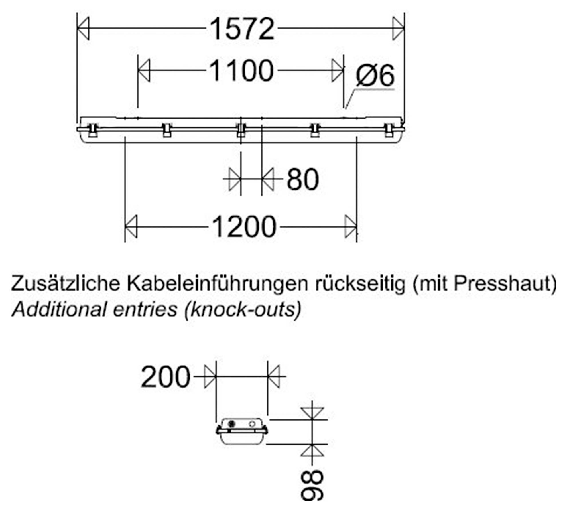 Dessin technique d'une longue fixation linéaire ou rail avec une longueur totale de 1572 mm, une portée de montage de 1100 mm, et des trous Ø6, plus une vue détaillée montrant un espacement de montage de 116 mm par 125 mm.