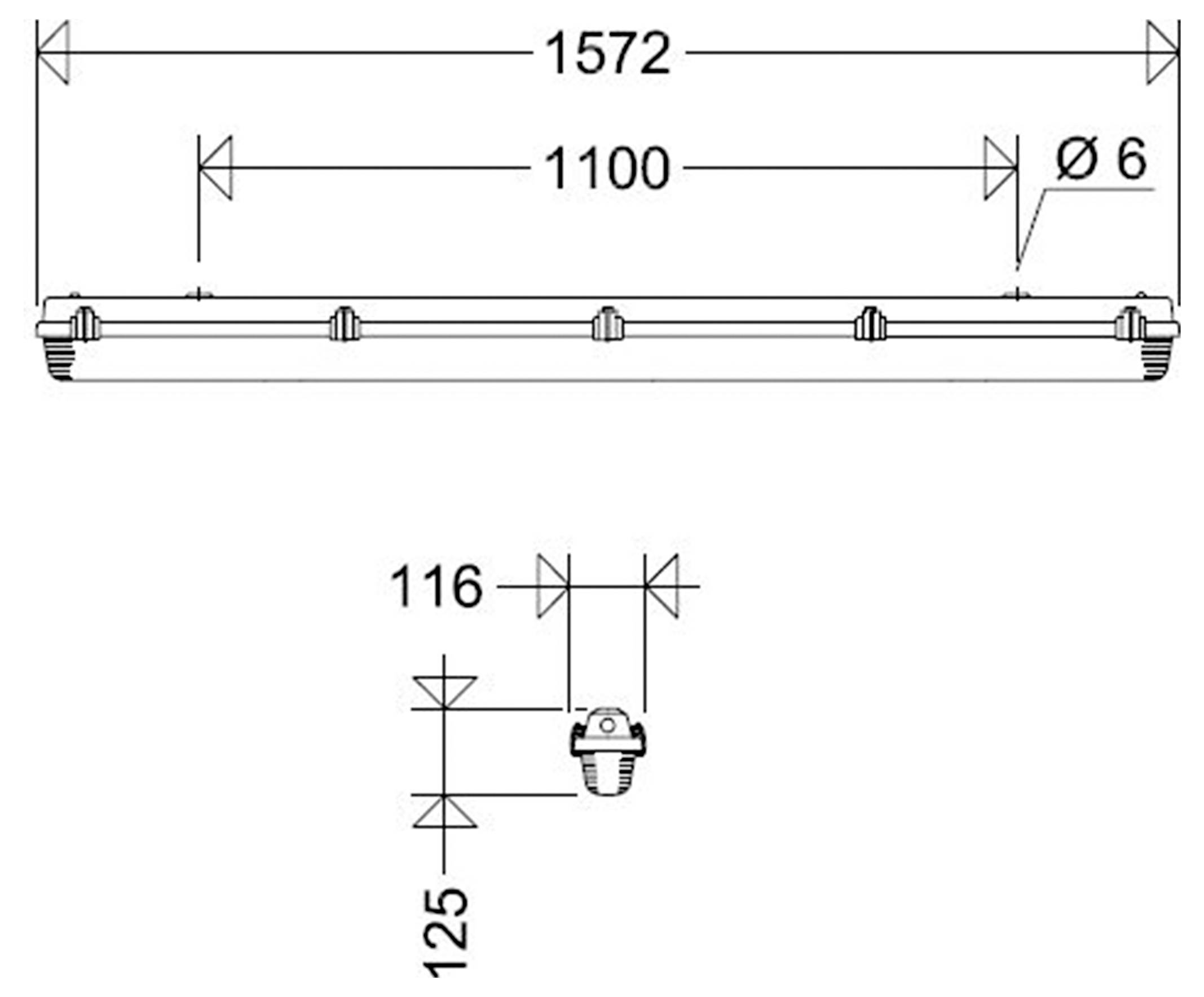 Dessin technique d'un luminaire linéaire, montrant une longueur totale de 1572, une longueur de montage de 1100, des trous de 6 mm, et une vue détaillée avec des dimensions de 116 et 125.