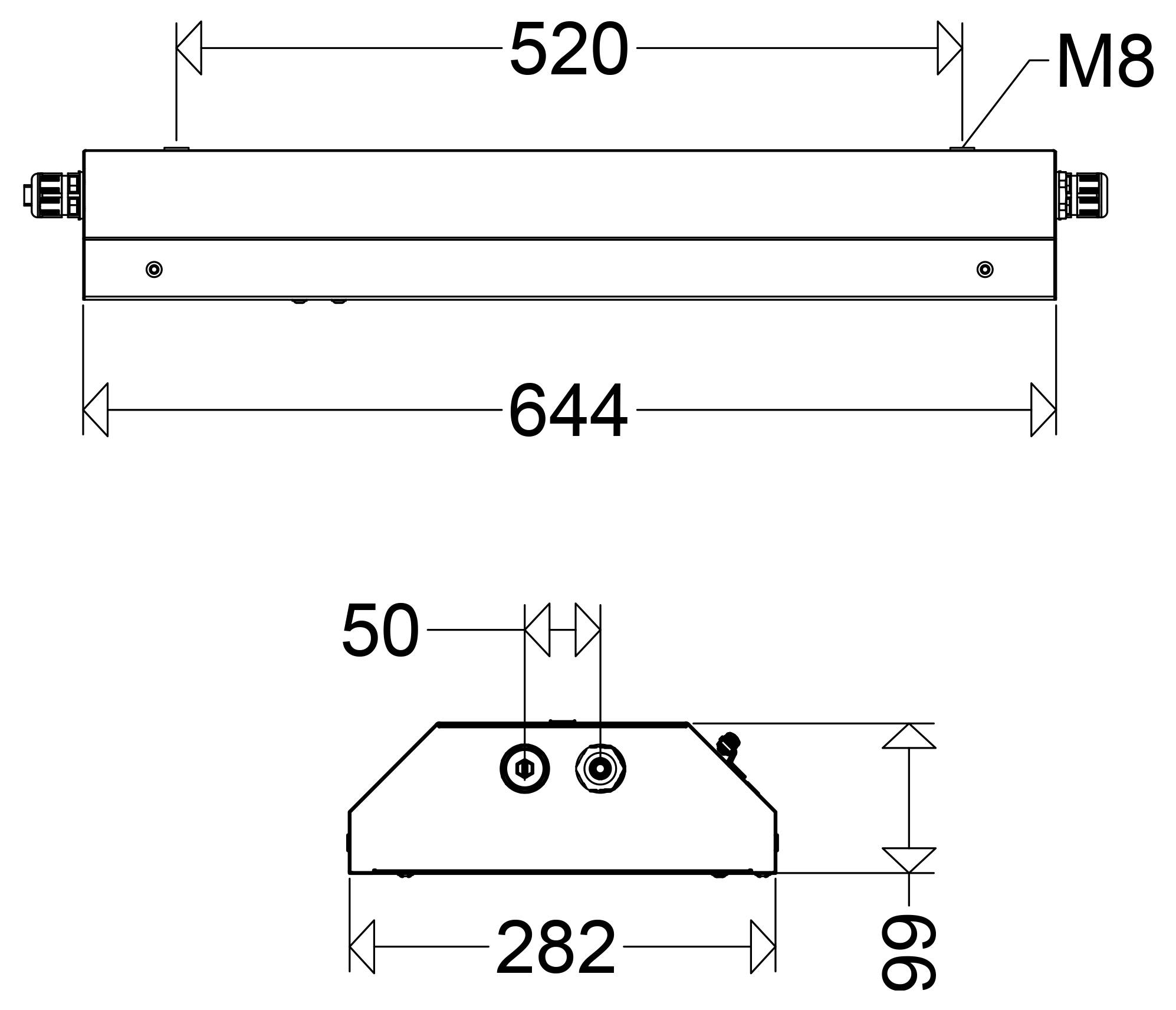 Dessin technique d'un composant de machine rectangulaire montrant les vues de face et de côté avec les dimensions : 520 et 644 de longueur, 282 de largeur, 99 de hauteur, et détail de montage M8.