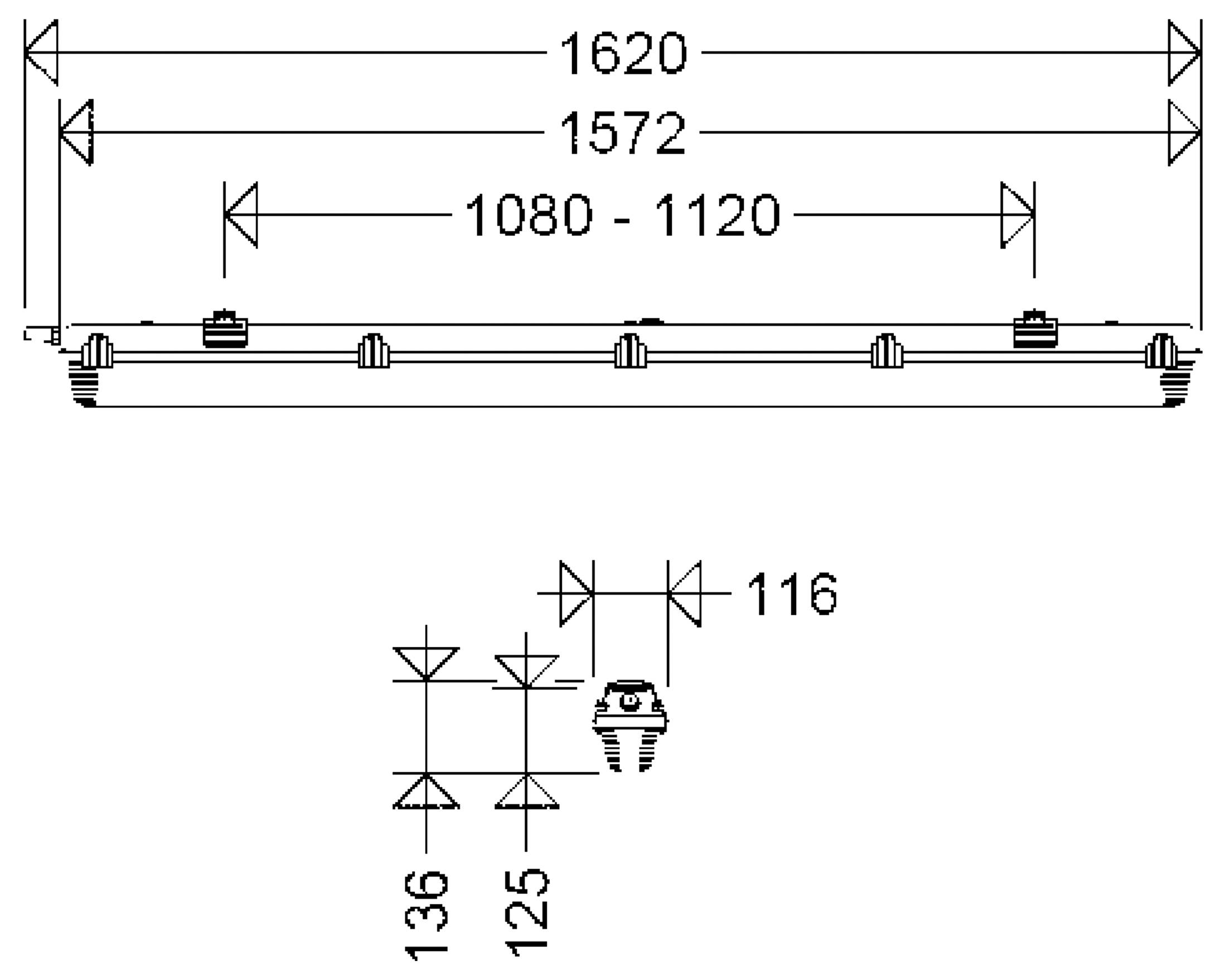 Diagramme technique d'un assemblage de barre longue montrant les mesures de largeur globale 1620 et 1572, avec un espacement ajustable 1080-1120 et un détail plus petit étiqueté 116, 136 et 125.