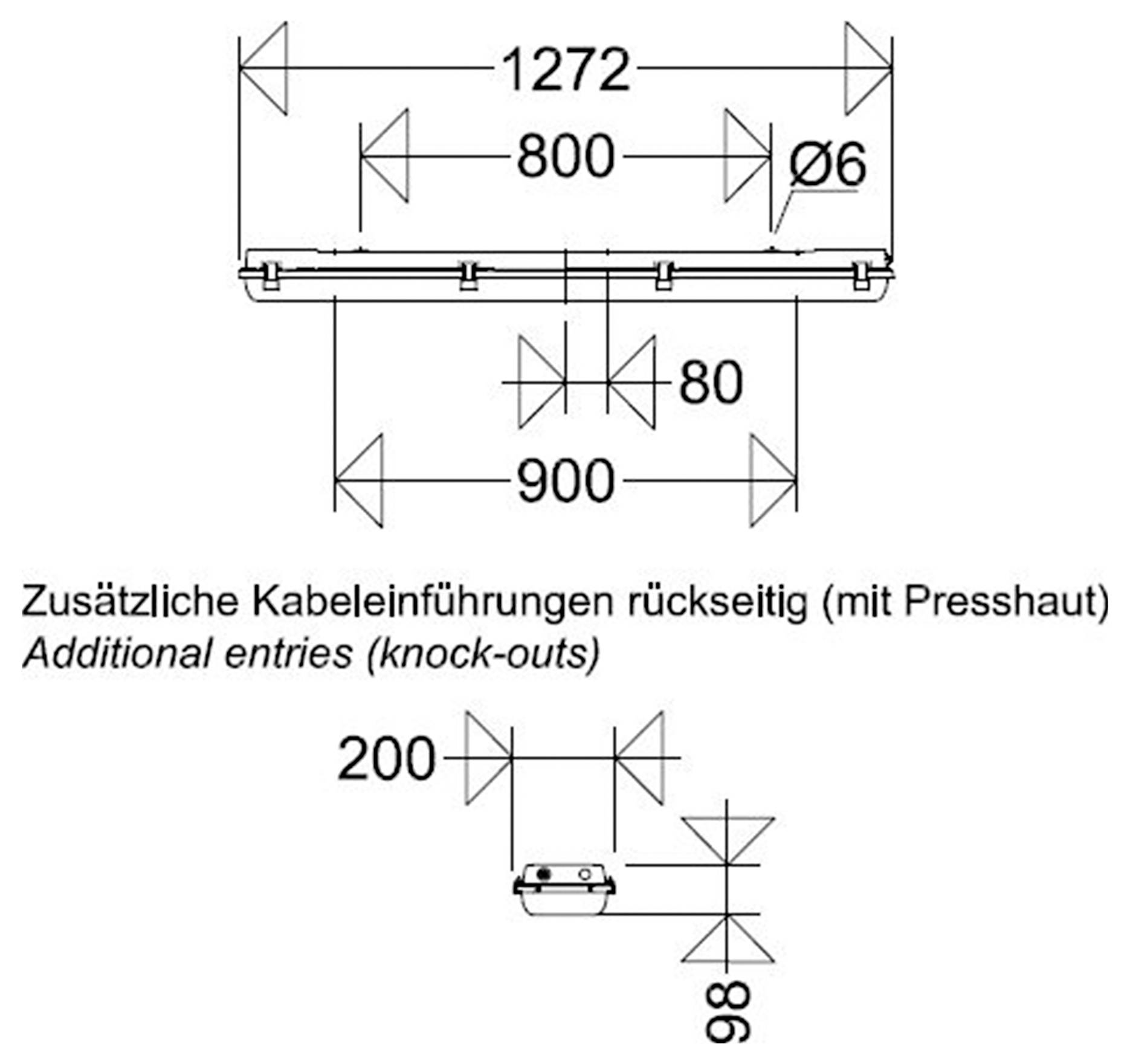 Dessin technique d'un panneau rectangulaire montrant les dimensions 1272, 800, 900, 80, Ø6, 200 et 98, avec le texte « Entrées supplémentaires (découpes) » indiquant les points d'entrée de câbles arrière.