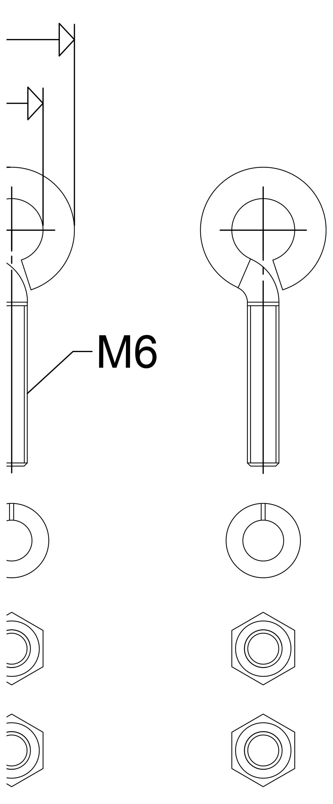 Dessin technique montrant un boulon à œil/anneau M6 avec vues de face, de côté et de bout, incluant un écrou hexagonal et une rondelle.
