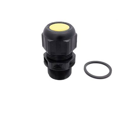 Raccord passe-câble en plastique noir avec capuchon supérieur jaune, présenté avec une bague d'étanchéité en caoutchouc séparée sur un fond blanc.