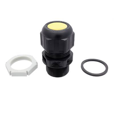 Passe-câble noir avec capuchon jaune montré avec un écrou de blocage blanc et une rondelle d'étanchéité noire sur un fond blanc.