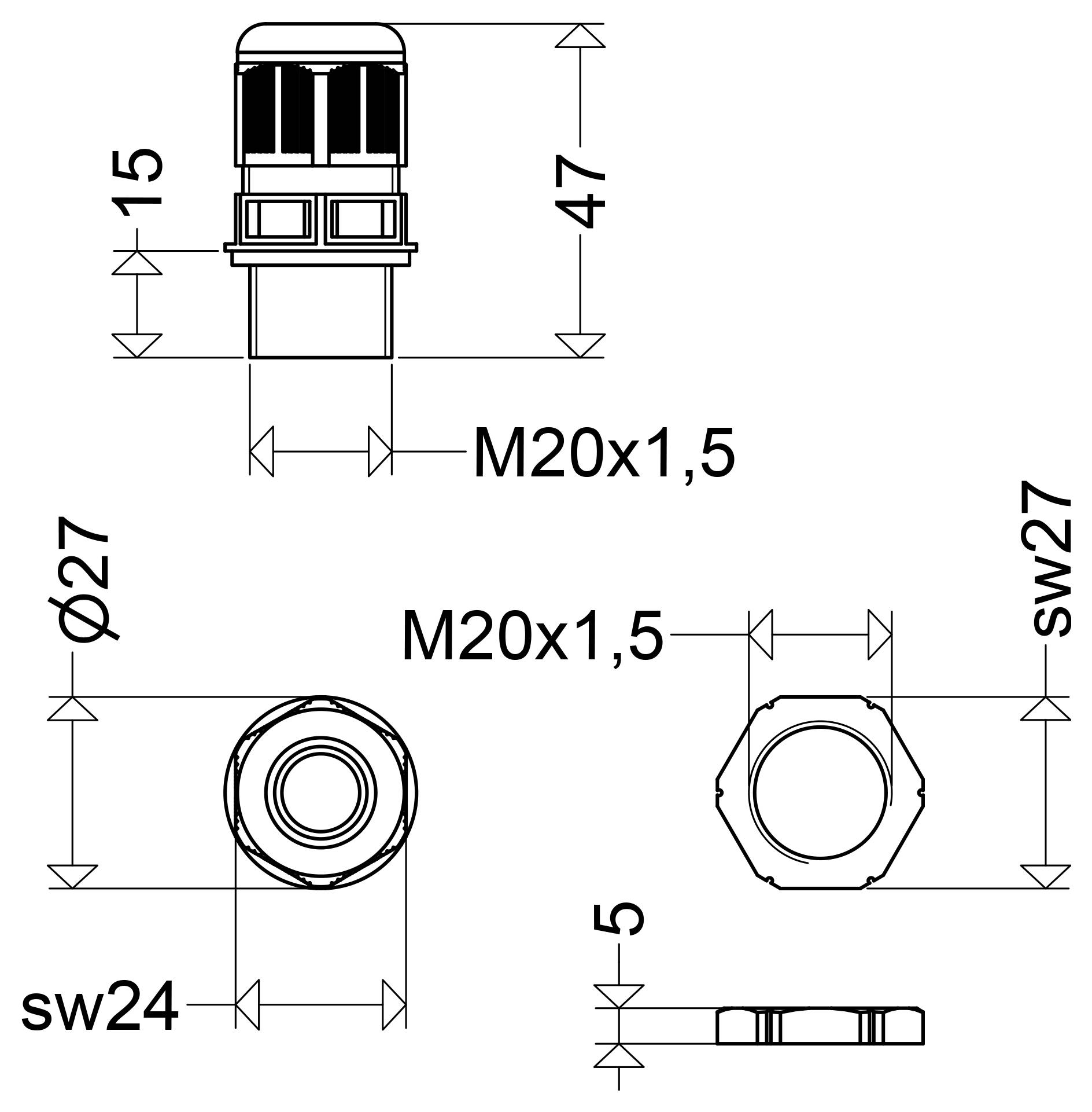 Dessin technique d'une pièce cylindrique filetée portant l'étiquette M20x1,5, avec des vues de face, de côté et de dessus ainsi que des dimensions incluant 47, 15, Ø27, sw24 et sw27.