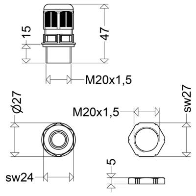 Dessin technique d'une pièce cylindrique filetée portant l'étiquette M20x1,5, avec des vues de face, de côté et de dessus ainsi que des dimensions incluant 47, 15, Ø27, sw24 et sw27.