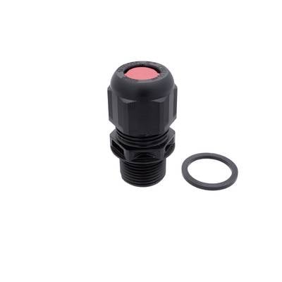 Raccord passe-câble noir avec insert d'étanchéité rouge et joint torique en caoutchouc séparé sur un fond blanc.