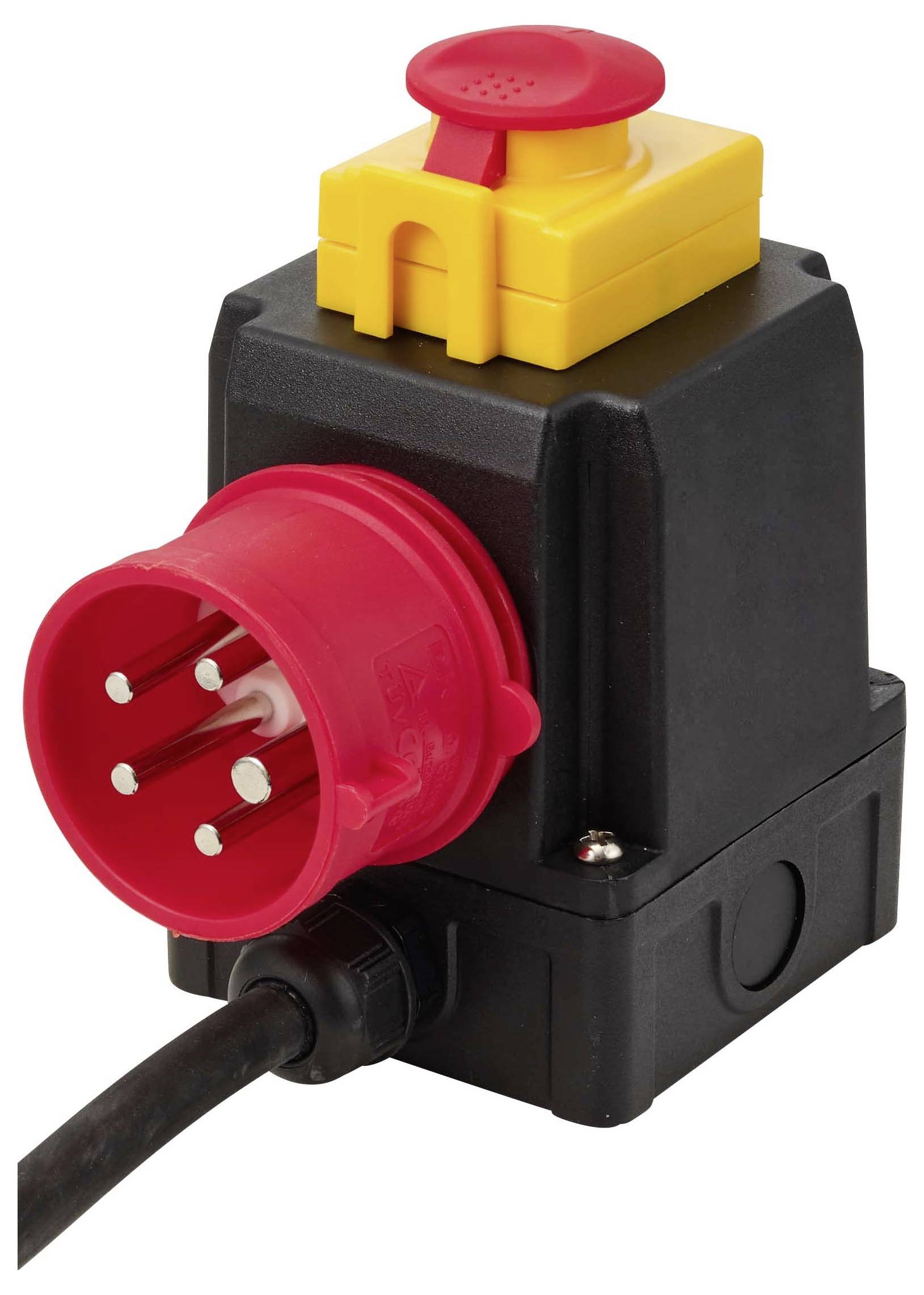 Connecteur de prise électrique industrielle avec fiche 5 broches rouge, bouton de dégagement de sécurité jaune et câble noir attaché sur boîtier noir.