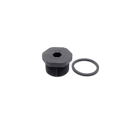 Bouchon de tuyauterie filetée noir avec tête hexagonale et joint torique d'étanchéité séparé sur fond blanc