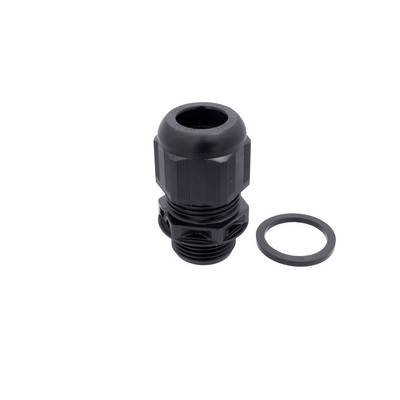 Passe-câble en plastique noir avec bague d'étanchéité, montré sur un fond blanc.