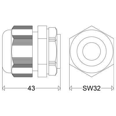 Dessin technique d'un écrou hexagonal, montrant les vues de côté et de dessus avec des dimensions de 43 mm de longueur et SW32 entre les pans.