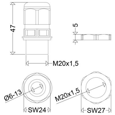 Dessin technique d'un dispositif SCHAUCH, montrant les vues de face et de côté avec les mesures 360, 485, 573, 100, 50, 170, et le port de test M20x1,5 / Raccord d'essai.