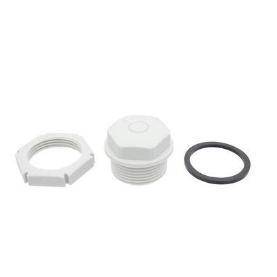 Bouchon en plastique blanc fileté avec écrou de verrouillage et rondelle d'étanchéité noire présentés comme des pièces séparées sur un fond blanc.