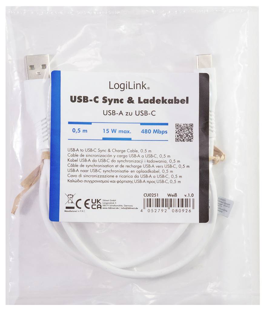 LogiLink Câble USB-C USB 2.0 USB-C® mâle, USB-A mâle 0.5 m blanc CU0251-7