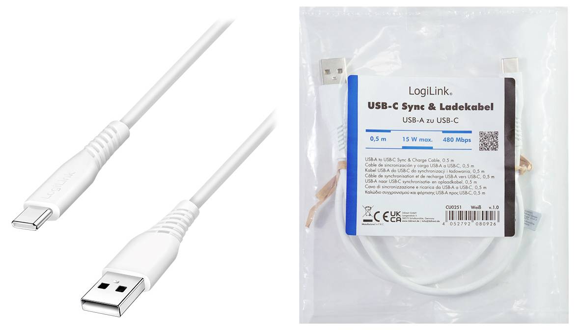 Câble de charge et de synchronisation USB-A vers USB-C blanc présenté à côté de son emballage de vente au détail étiqueté « Câble de synchronisation et de charge USB-C », 0,5 m, 15 W max, 480 Mbps.