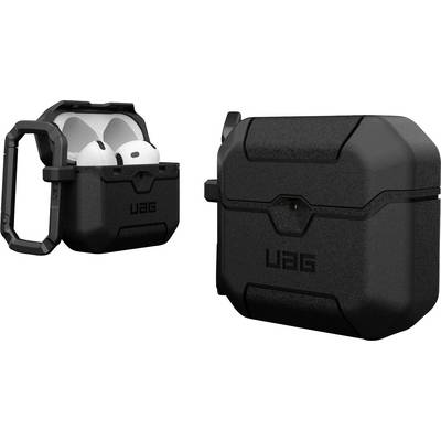 Étui de style AirPods noir UAG avec mousqueton robuste, montré ouvert à gauche avec les écouteurs et fermé à droite.