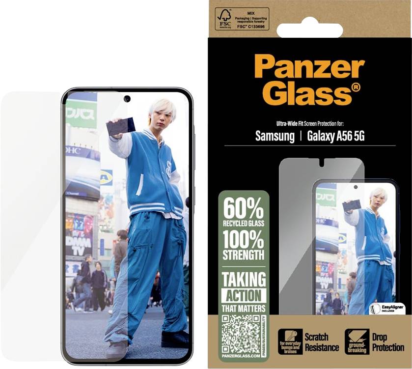 Protecteur d'écran PanzerGlass pour Samsung Galaxy A56 5G, affichant un téléphone avec un film de protection et des allégations de 60% de verre recyclé, 100% de résistance, résistance aux rayures et protection contre les chutes.