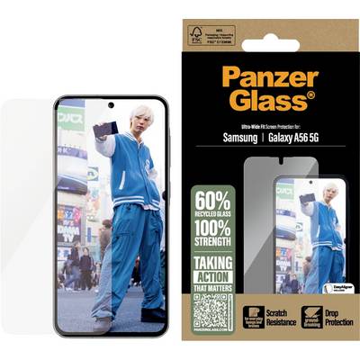 Protecteur d'écran PanzerGlass pour Samsung Galaxy A56 5G, affichant un téléphone avec un film de protection et des allégations de 60% de verre recyclé, 100% de résistance, résistance aux rayures et protection contre les chutes.