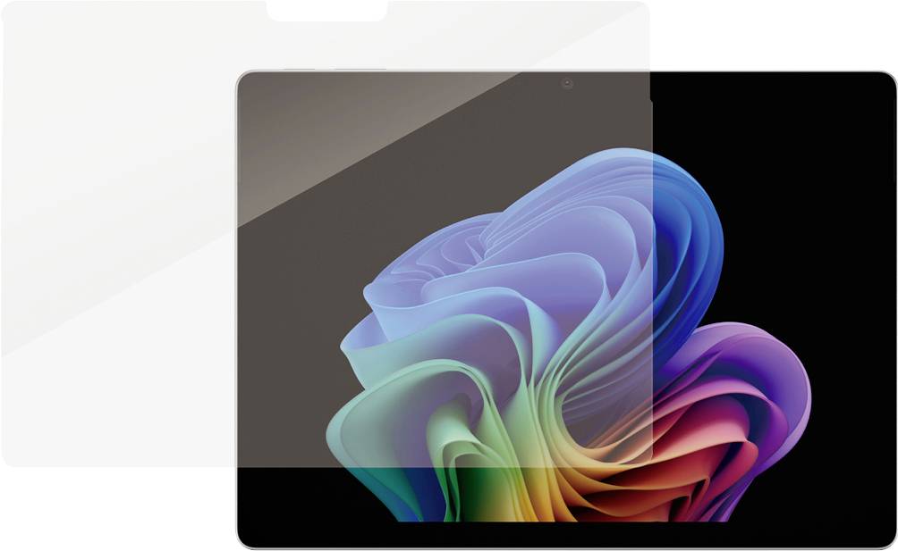Écran de tablette ou d'ordinateur portable affichant un fond d'écran de fleur abstraite colorée avec un arrière-plan sombre et un panneau de superposition translucide sur la gauche.