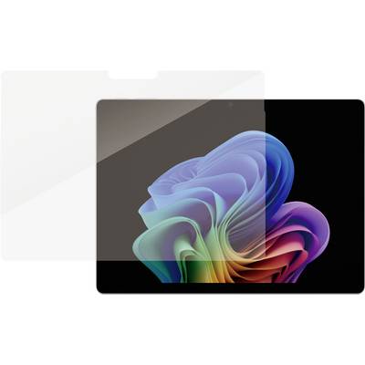 Écran de tablette ou d'ordinateur portable affichant un fond d'écran de fleur abstraite colorée avec un arrière-plan sombre et un panneau de superposition translucide sur la gauche.