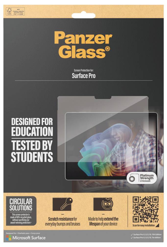 Emballage de protecteur d'écran PanzerGlass pour Microsoft Surface Pro, étiqueté « Conçu pour l'Éducation » et « Testé par les Étudiants », avec un code QR et des icônes de fonctionnalités.