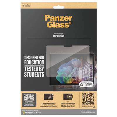 Emballage de protecteur d'écran PanzerGlass pour Microsoft Surface Pro, étiqueté « Conçu pour l'Éducation » et « Testé par les Étudiants », avec un code QR et des icônes de fonctionnalités.