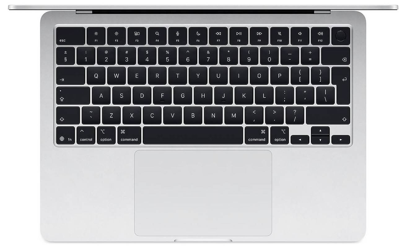 Vue de dessus d'un clavier d'ordinateur portable argenté avec un grand pavé tactile.