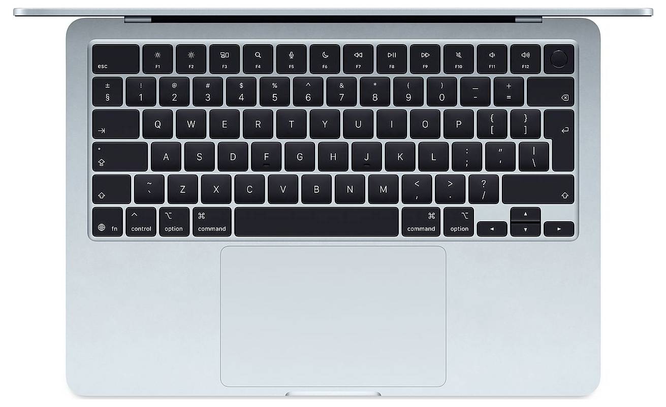 Ordinateur portable argenté vu de dessus avec clavier noir et grand pavé tactile.