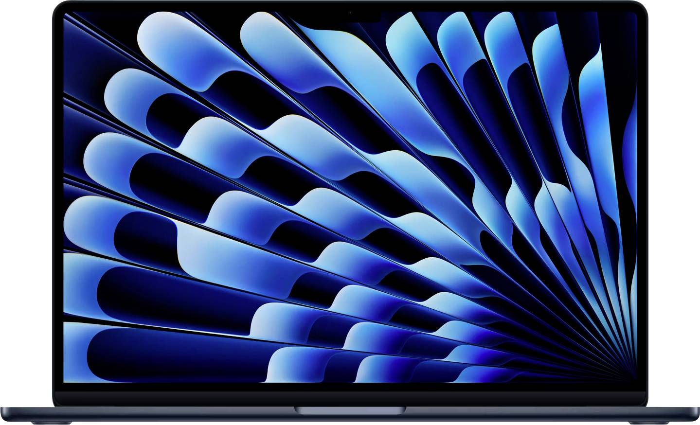 Ordinateur portable ouvert avec un motif d'onde abstrait bleu-noir sur l'écran