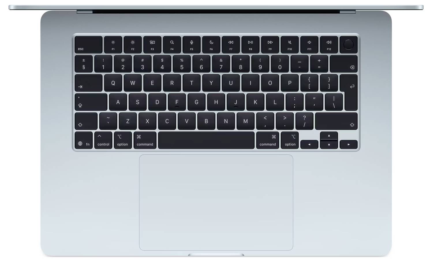 MacBook argenté ouvert vu de dessus avec clavier noir et grand trackpad.