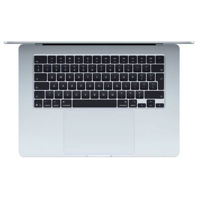 MacBook argenté ouvert vu de dessus avec clavier noir et grand trackpad.