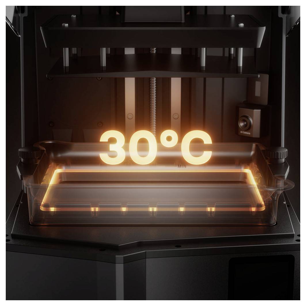 Plateau d'imprimante 3D chauffant à 30°C, indiqué par l'affichage de température orange brillant au-dessus de la plateforme d'impression.
