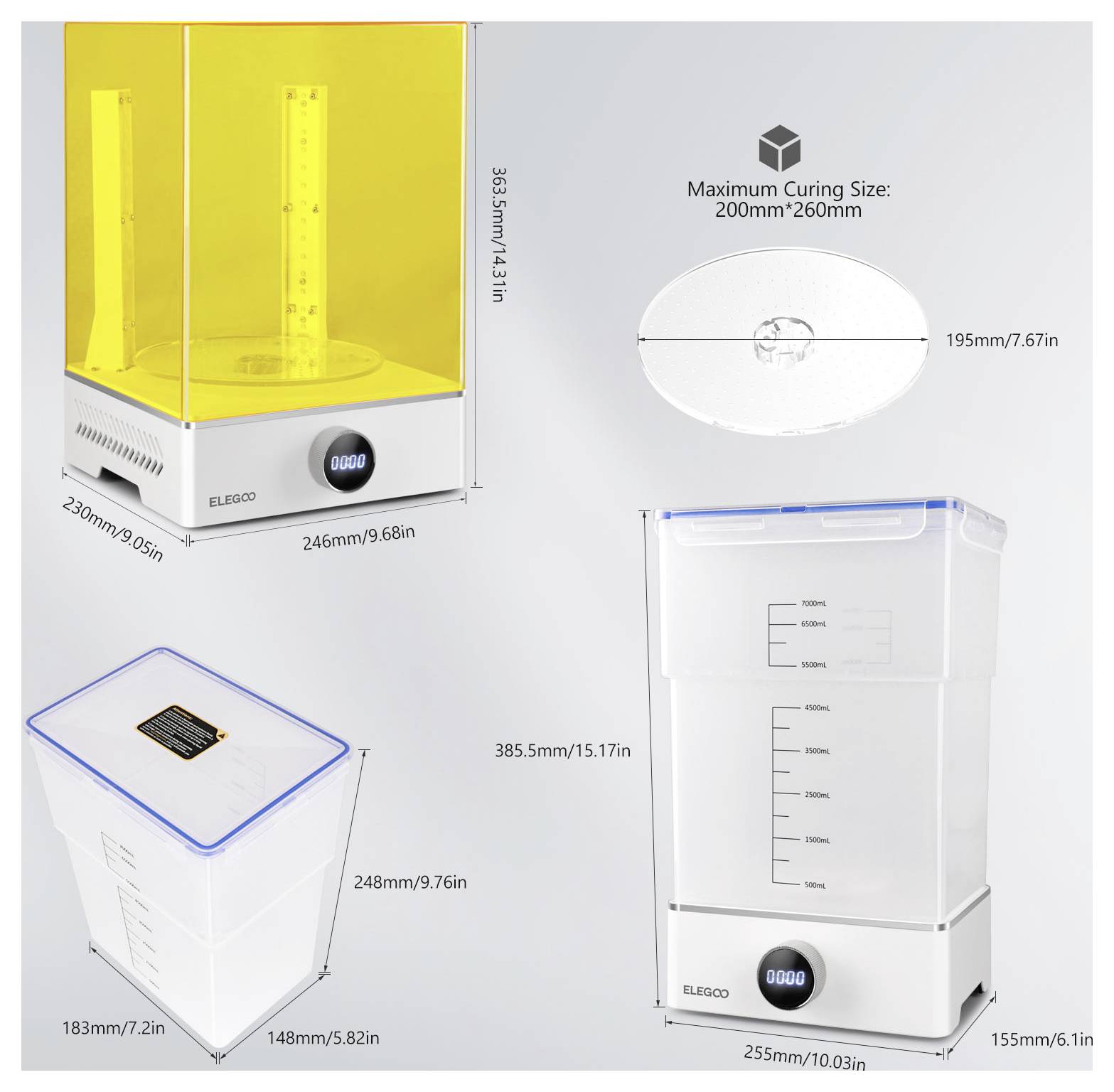 Diagramme de taille de produit montrant une unité de polymérisation/lavage ELEGOO avec dimensions et taille de polymérisation maximale ; les vues étiquetées incluent 246 x 230 x 363,5 mm et 255 x 155 x 385,5 mm.