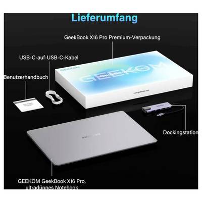 Contenu du produit GeekBook X16 Pro montré sur l'image du colis allemand : ordinateur portable, boîte premium, câble USB-C, manuel utilisateur et station d'accueil.