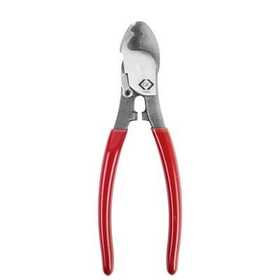 Coupe-câble à poignée rouge ou pince à dénuder le fil avec mâchoires métalliques, présenté sur un fond blanc uni.