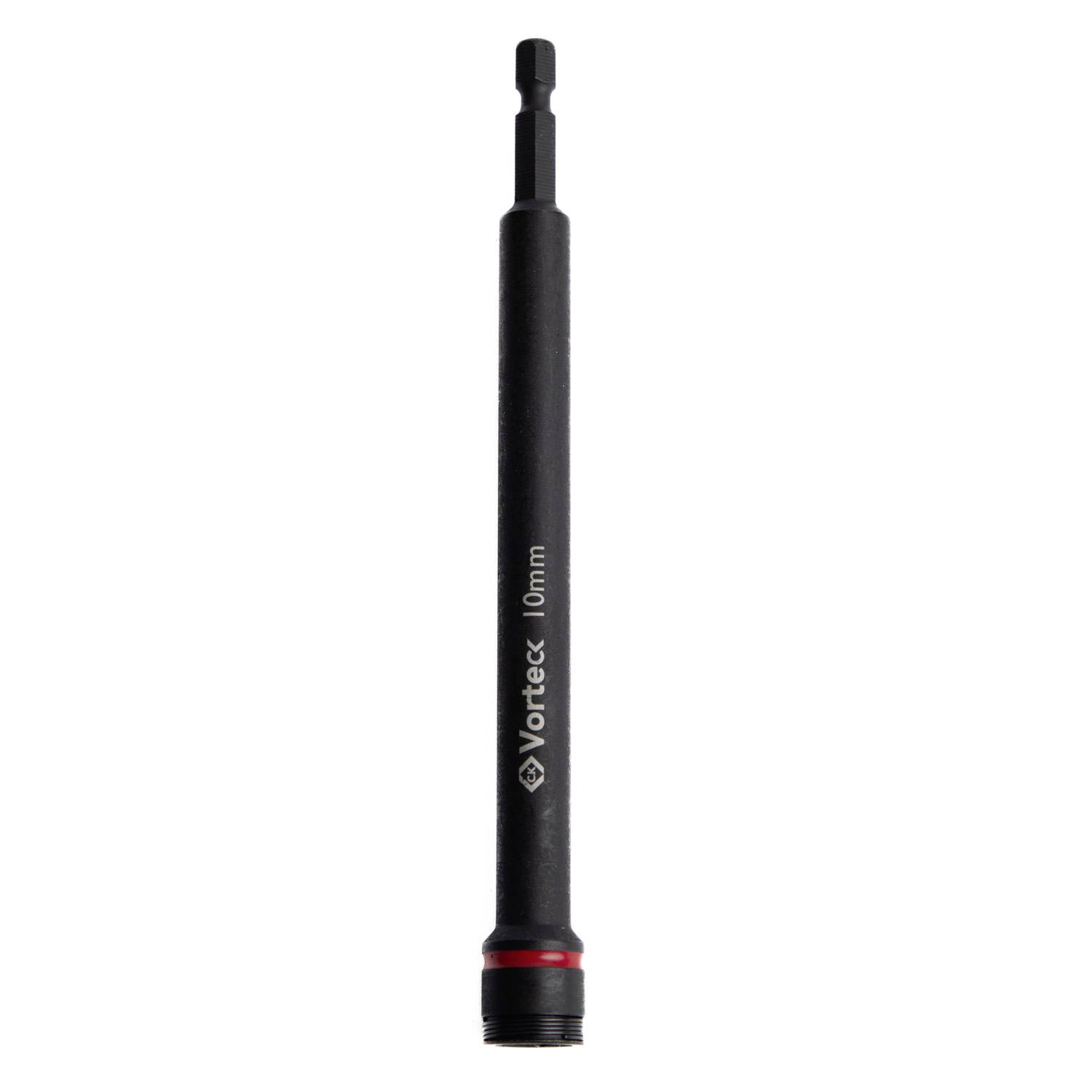Adaptateur ou embout d'extension d'outil 10 mm Black Vortex avec un accent rouge et une base filetée, présenté isolé sur un fond blanc.