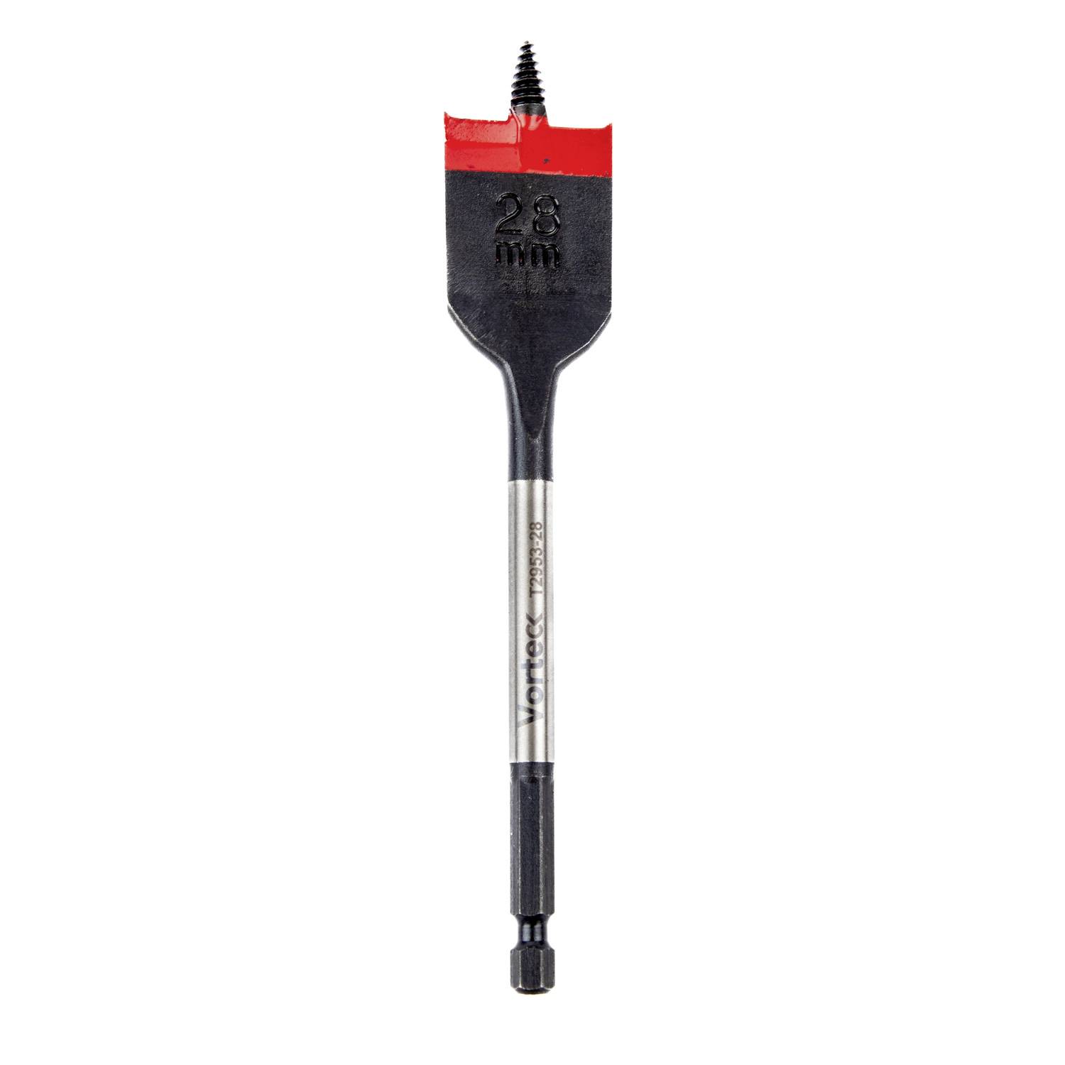 Un foret à bois de 28 mm avec une pointe de vis centrale et une tête en métal noir-rouge, présenté isolé sur un fond blanc.