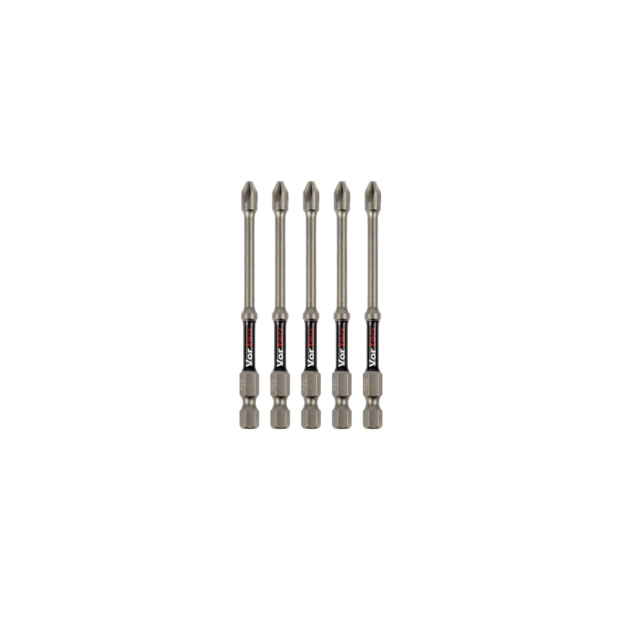Cinq longues mèches de tournevis en métal ou clés hexagonales avec bases hexagonales, présentées verticalement sur un fond blanc.