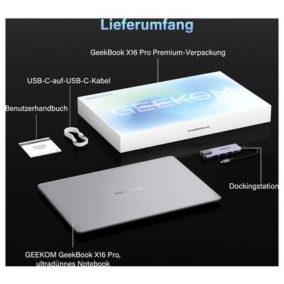 Illustration des articles inclus pour le GeekBook X16 Pro : boîte premium, câble USB-C, manuel utilisateur, station d'accueil et le carnet ultrafin.